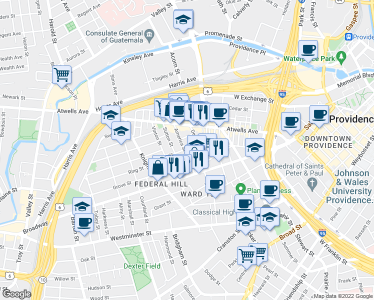 map of restaurants, bars, coffee shops, grocery stores, and more near 64 America Street in Providence