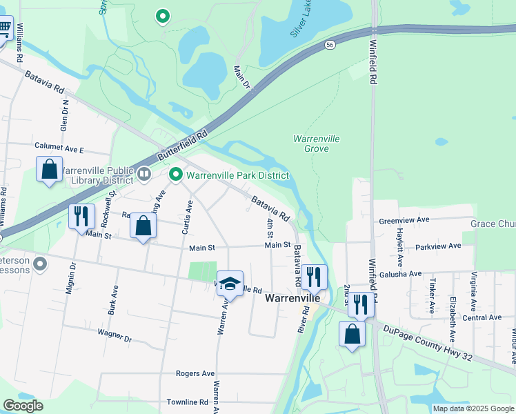 map of restaurants, bars, coffee shops, grocery stores, and more near 28W379 Batavia Road in Warrenville
