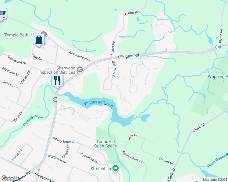map of restaurants, bars, coffee shops, grocery stores, and more near 2110 Mill Pond Drive in South Windsor