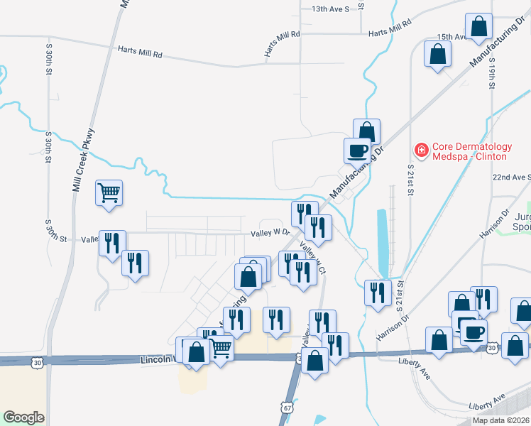 map of restaurants, bars, coffee shops, grocery stores, and more near 2460 Lillian Way in Clinton