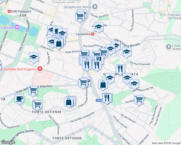 map of restaurants, bars, coffee shops, grocery stores, and more near 624-628 Via Laurentina in Roma