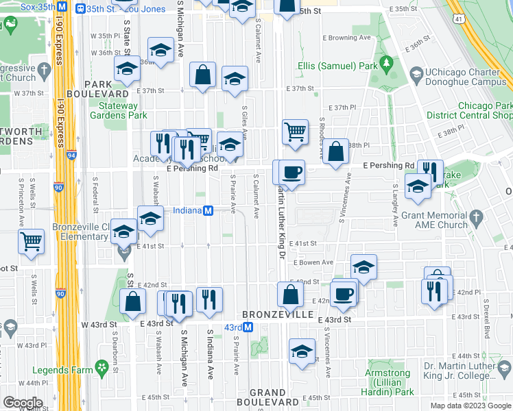 map of restaurants, bars, coffee shops, grocery stores, and more near South Calumet Avenue & East 40th Street in Chicago
