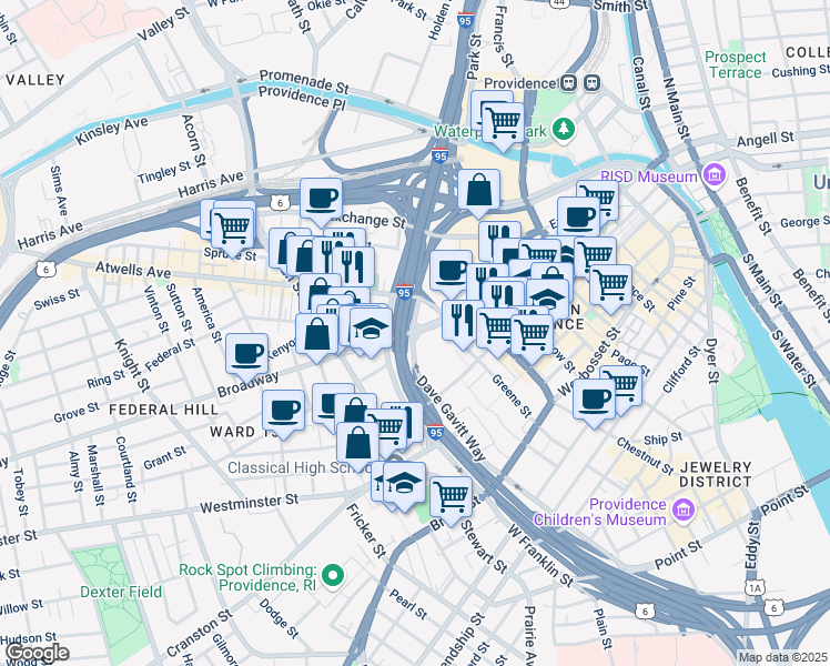 map of restaurants, bars, coffee shops, grocery stores, and more near 10 Broadway in Providence