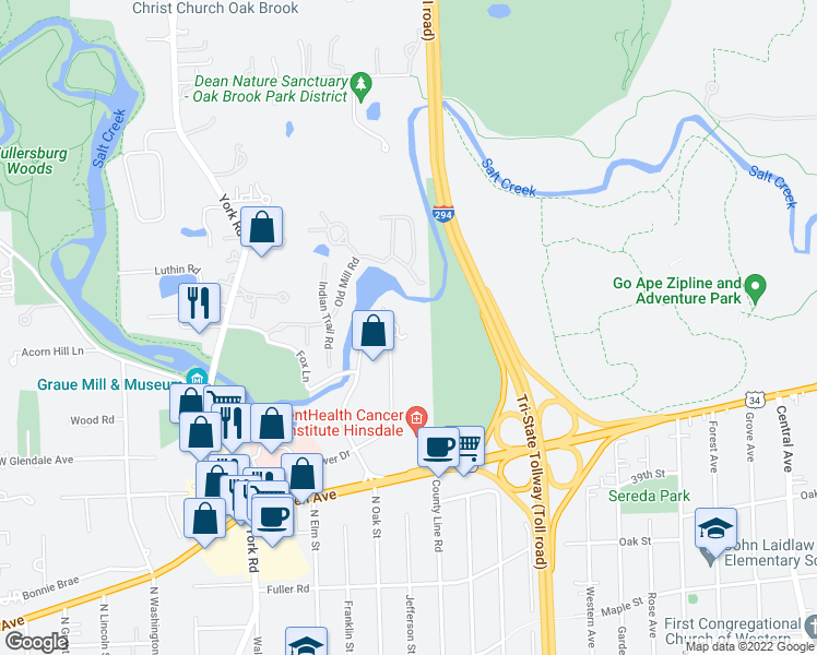 map of restaurants, bars, coffee shops, grocery stores, and more near 21 Spinning Wheel Road in Hinsdale