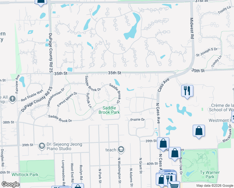 map of restaurants, bars, coffee shops, grocery stores, and more near 132 Saddle Brook Drive in Oak Brook