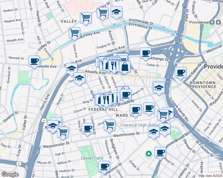 map of restaurants, bars, coffee shops, grocery stores, and more near 108 Sutton Street in Providence