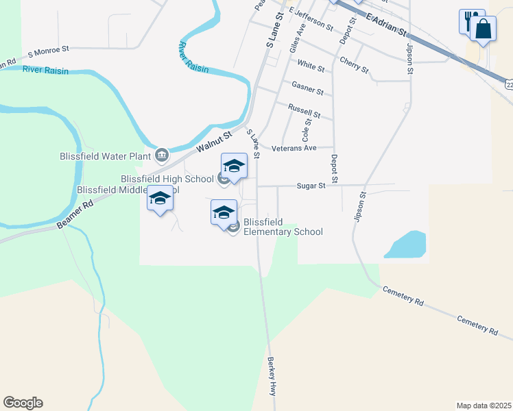 map of restaurants, bars, coffee shops, grocery stores, and more near 630 South Lane Street in Blissfield