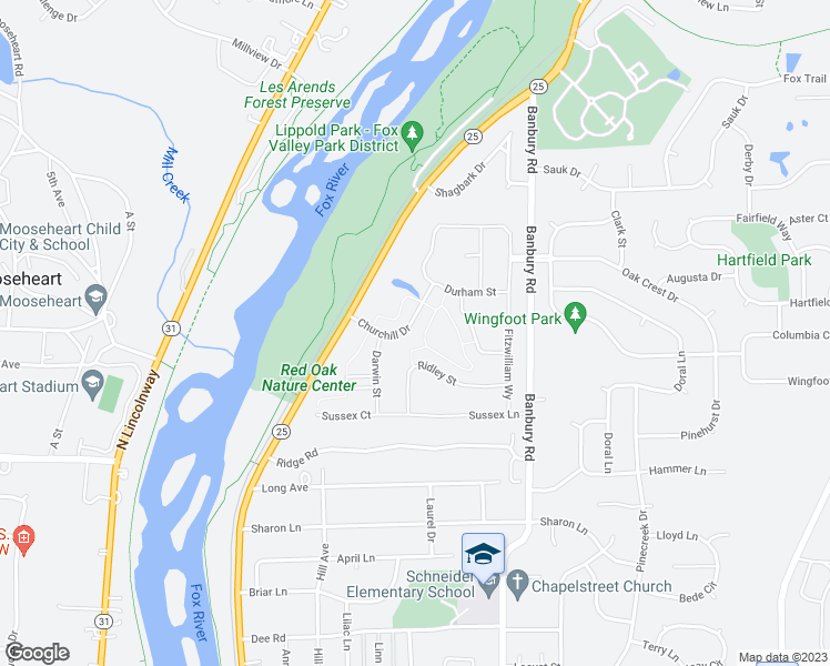 map of restaurants, bars, coffee shops, grocery stores, and more near 1011 Churchill Drive in North Aurora