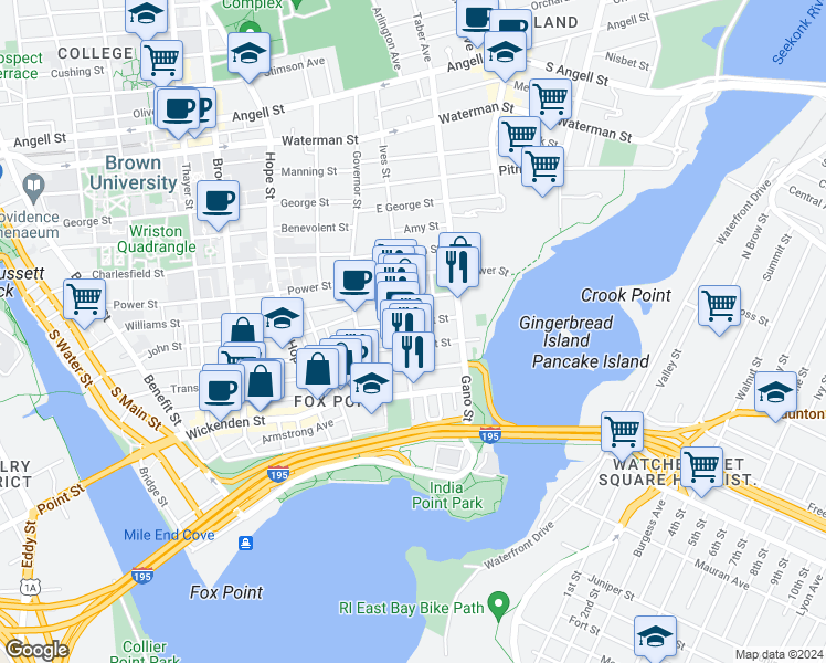 map of restaurants, bars, coffee shops, grocery stores, and more near 57 East Transit Street in Providence