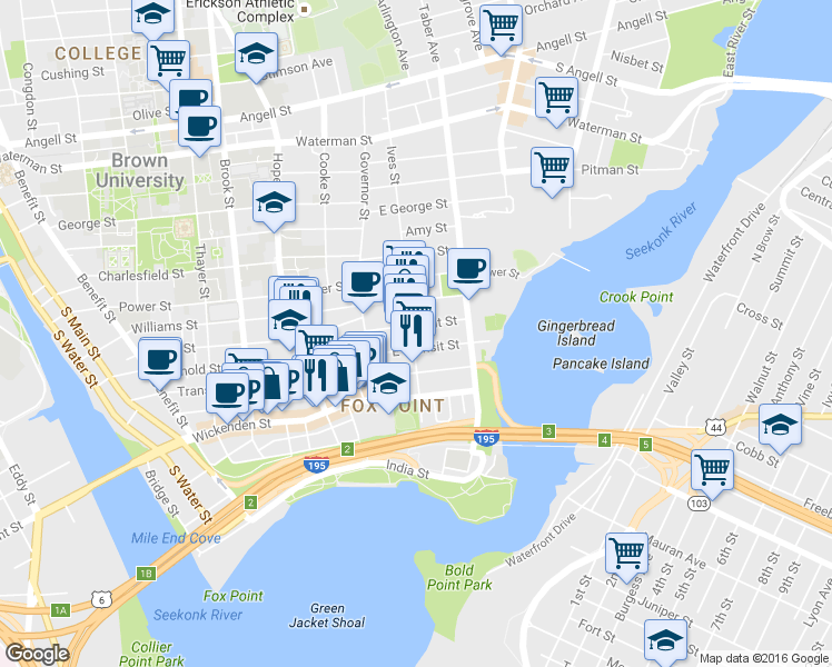 map of restaurants, bars, coffee shops, grocery stores, and more near 27 East Transit Street in Providence