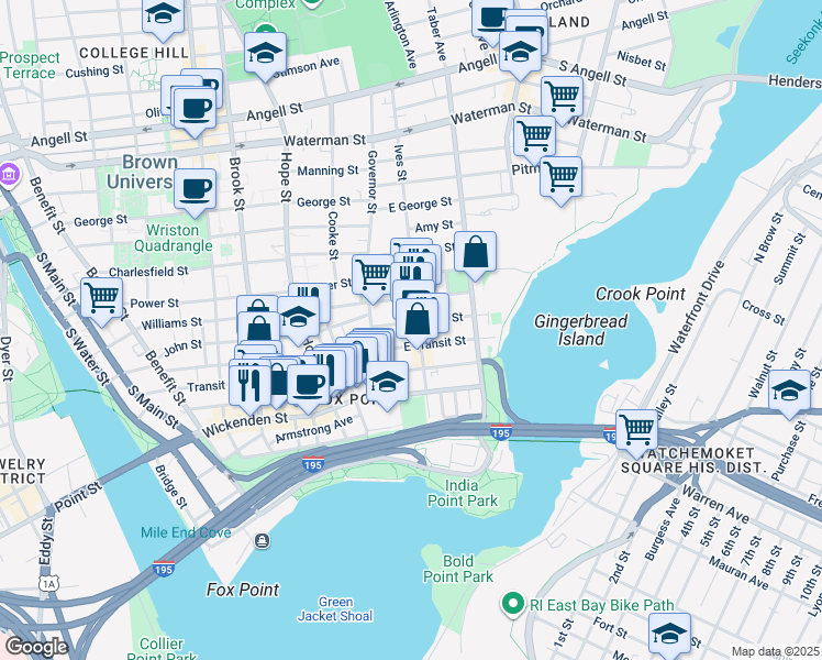 map of restaurants, bars, coffee shops, grocery stores, and more near 27 East Transit Street in Providence