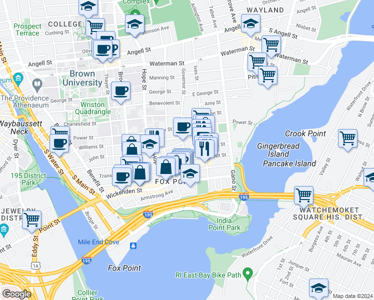 map of restaurants, bars, coffee shops, grocery stores, and more near 44 Governor Street in Providence