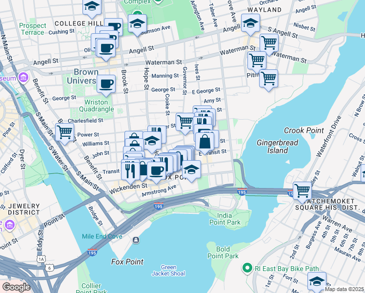 map of restaurants, bars, coffee shops, grocery stores, and more near 44 Governor Street in Providence