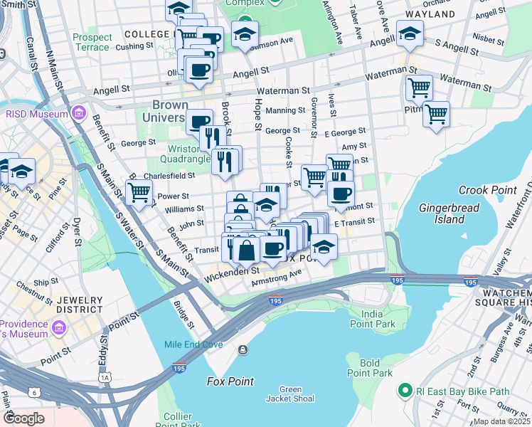 map of restaurants, bars, coffee shops, grocery stores, and more near 71 Arnold Street in Providence
