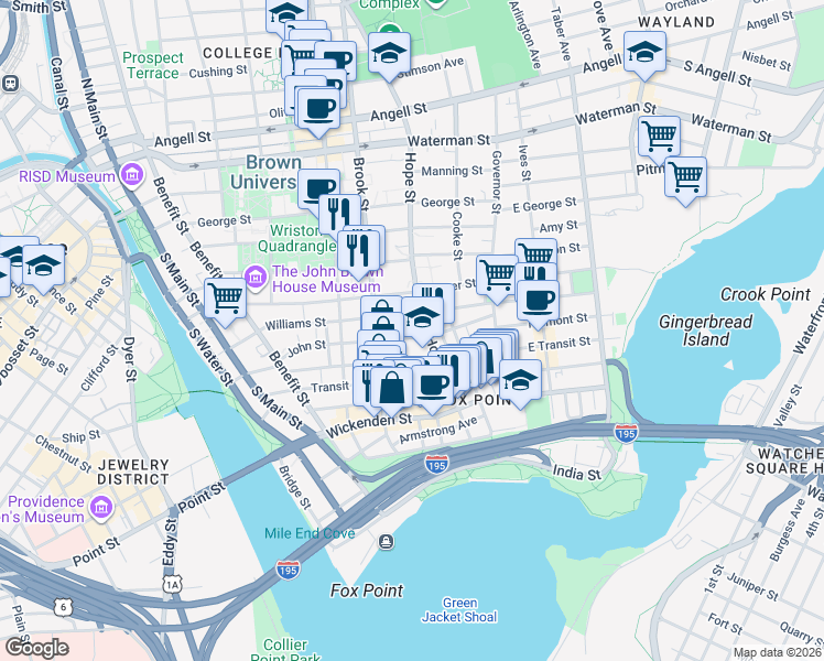 map of restaurants, bars, coffee shops, grocery stores, and more near 71 Arnold Street in Providence