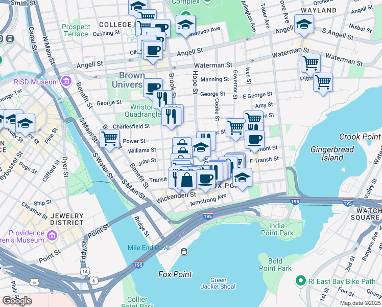 map of restaurants, bars, coffee shops, grocery stores, and more near 71 Arnold Street in Providence