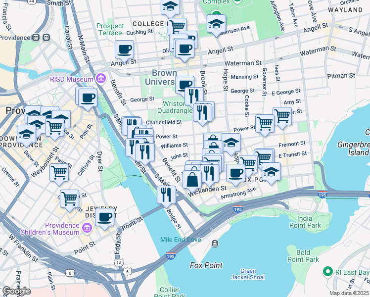 map of restaurants, bars, coffee shops, grocery stores, and more near 9 John Street in Providence