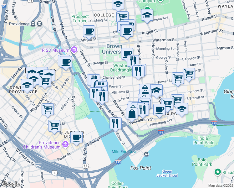map of restaurants, bars, coffee shops, grocery stores, and more near 9 John Street in Providence