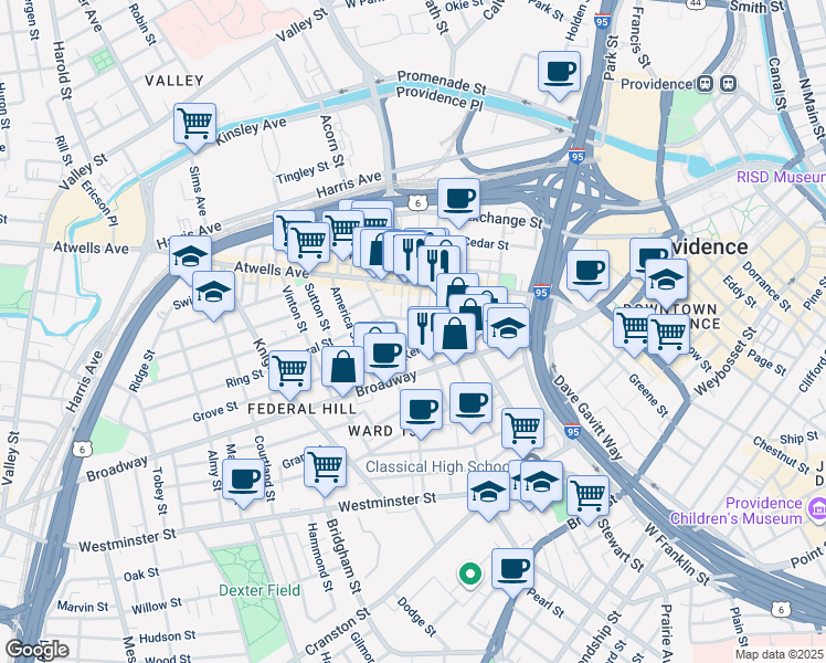 map of restaurants, bars, coffee shops, grocery stores, and more near in Providence