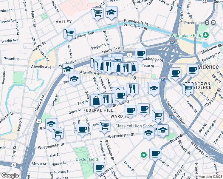 map of restaurants, bars, coffee shops, grocery stores, and more near 78 America Street in Providence