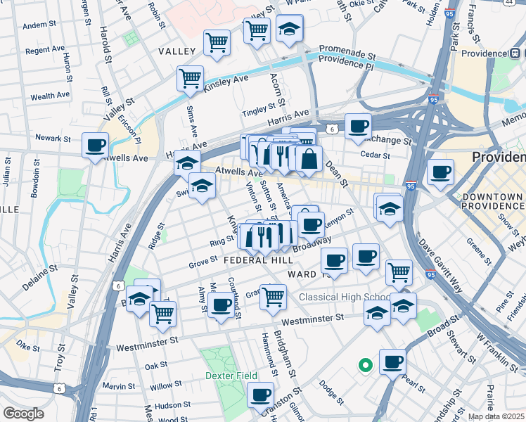 map of restaurants, bars, coffee shops, grocery stores, and more near 125 Sutton Street in Providence