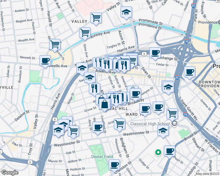 map of restaurants, bars, coffee shops, grocery stores, and more near 22 Penn Street in Providence