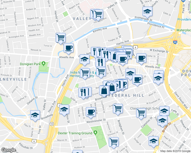 map of restaurants, bars, coffee shops, grocery stores, and more near 57 Penn Street in Providence