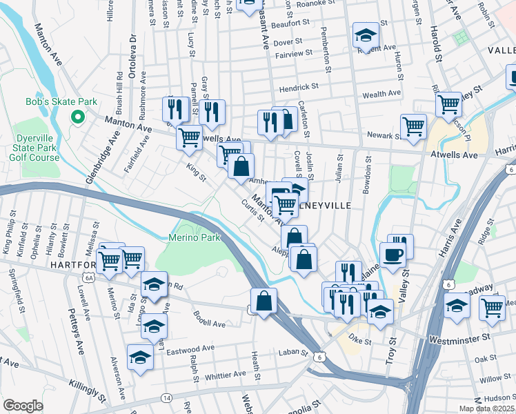 map of restaurants, bars, coffee shops, grocery stores, and more near 48 Curtis Street in Providence