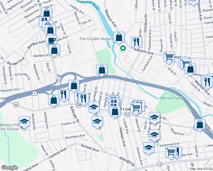 map of restaurants, bars, coffee shops, grocery stores, and more near 165 Ophelia Street in Providence