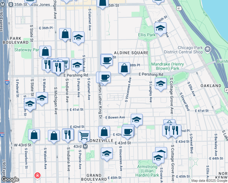 map of restaurants, bars, coffee shops, grocery stores, and more near 520 East 40th Street in Chicago