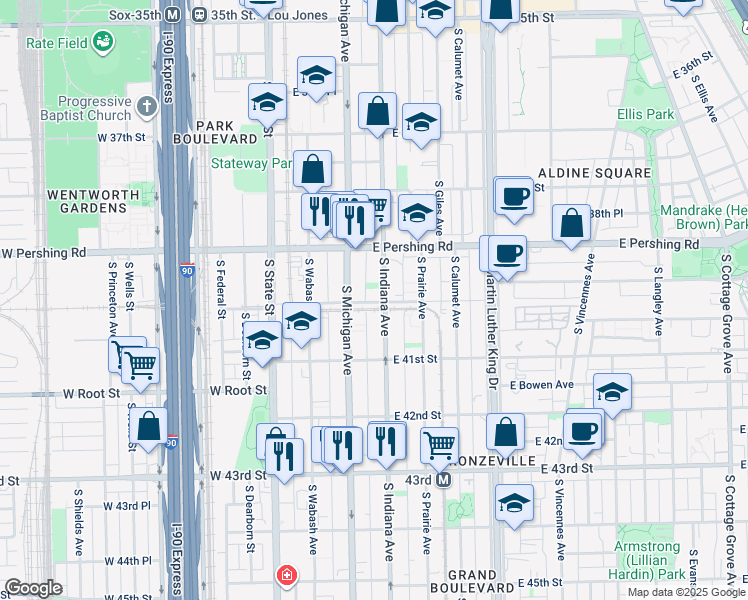 map of restaurants, bars, coffee shops, grocery stores, and more near 4019 South Michigan Avenue in Chicago