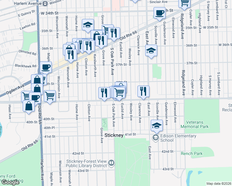 map of restaurants, bars, coffee shops, grocery stores, and more near 3849 Oak Park Avenue in Berwyn