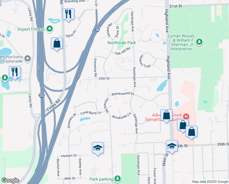map of restaurants, bars, coffee shops, grocery stores, and more near 1249 Barneswood Drive in Downers Grove