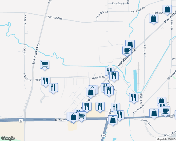 map of restaurants, bars, coffee shops, grocery stores, and more near Valley West Drive in Clinton