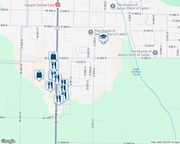 map of restaurants, bars, coffee shops, grocery stores, and more near 724 South 220 East in Smithfield