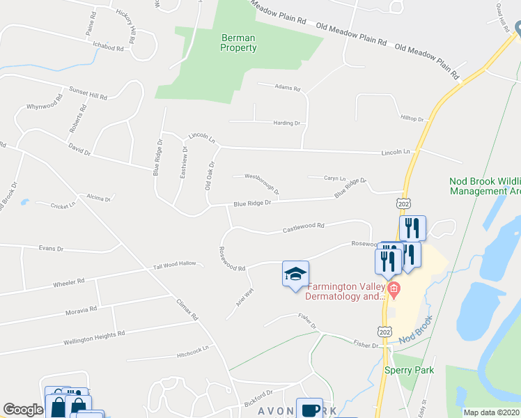 map of restaurants, bars, coffee shops, grocery stores, and more near 51 Blue Ridge Drive in Simsbury