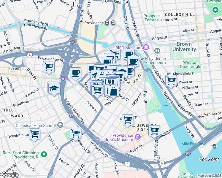 map of restaurants, bars, coffee shops, grocery stores, and more near 233 Weybosset Street in Providence
