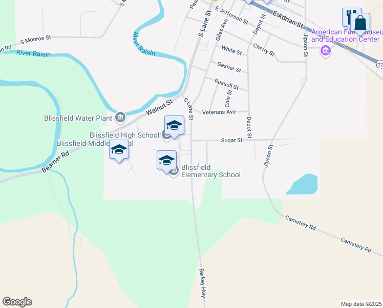 map of restaurants, bars, coffee shops, grocery stores, and more near 640 South Lane Street in Blissfield
