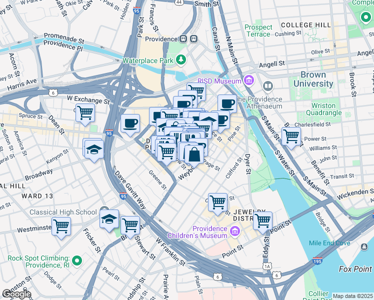map of restaurants, bars, coffee shops, grocery stores, and more near 233 Weybosset Street in Providence