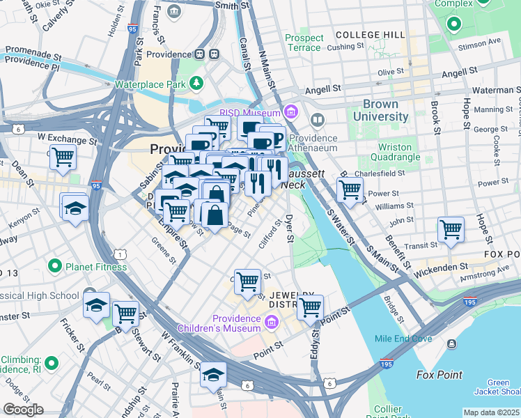 map of restaurants, bars, coffee shops, grocery stores, and more near 96 Pine Street in Providence