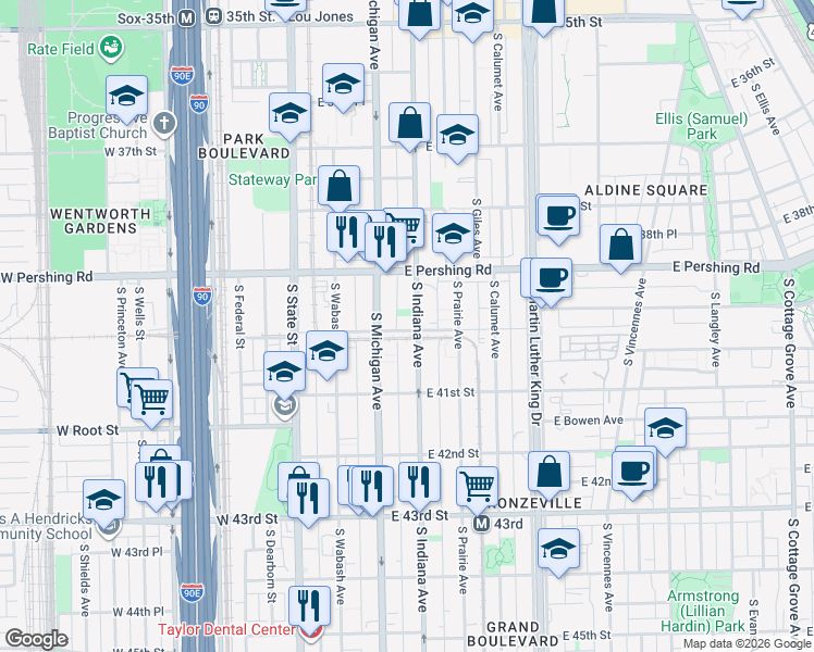 map of restaurants, bars, coffee shops, grocery stores, and more near 4019 South Michigan Avenue in Chicago
