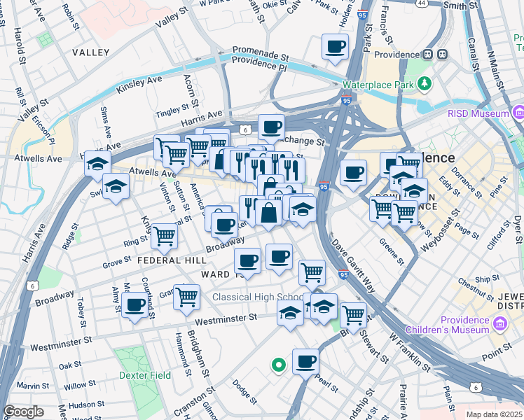 map of restaurants, bars, coffee shops, grocery stores, and more near 17 Kenyon Street in Providence
