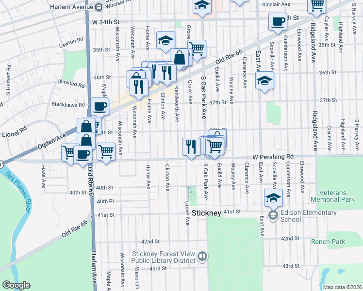 map of restaurants, bars, coffee shops, grocery stores, and more near 3825 Kenilworth Avenue in Berwyn