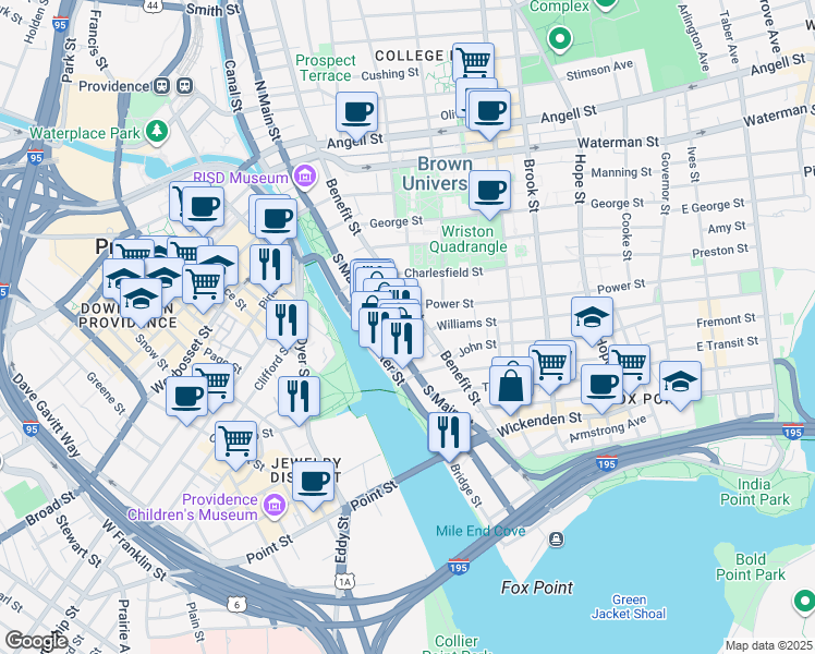 map of restaurants, bars, coffee shops, grocery stores, and more near 341 South Main Street in Providence