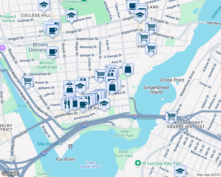 map of restaurants, bars, coffee shops, grocery stores, and more near 27 East Transit Street in Providence