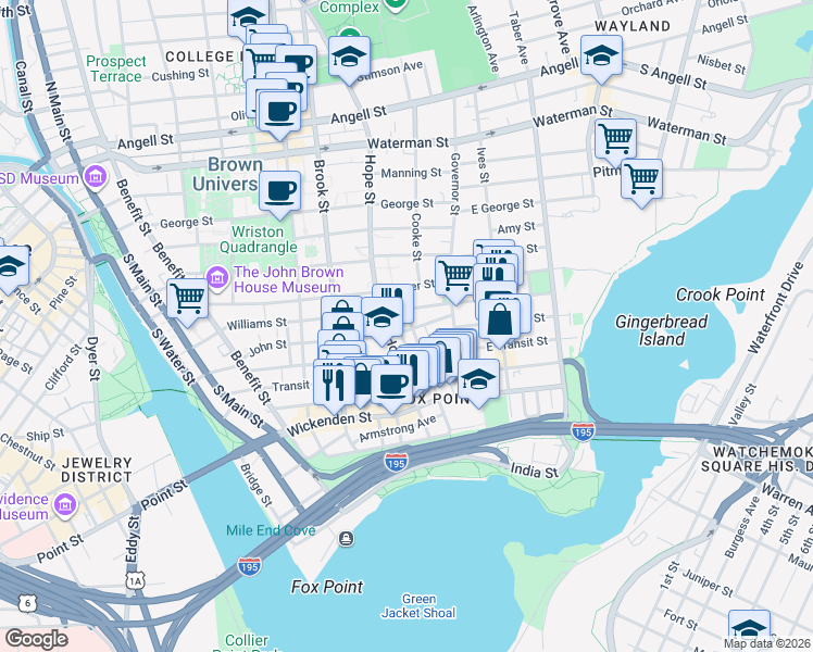 map of restaurants, bars, coffee shops, grocery stores, and more near 15 East Street in Providence
