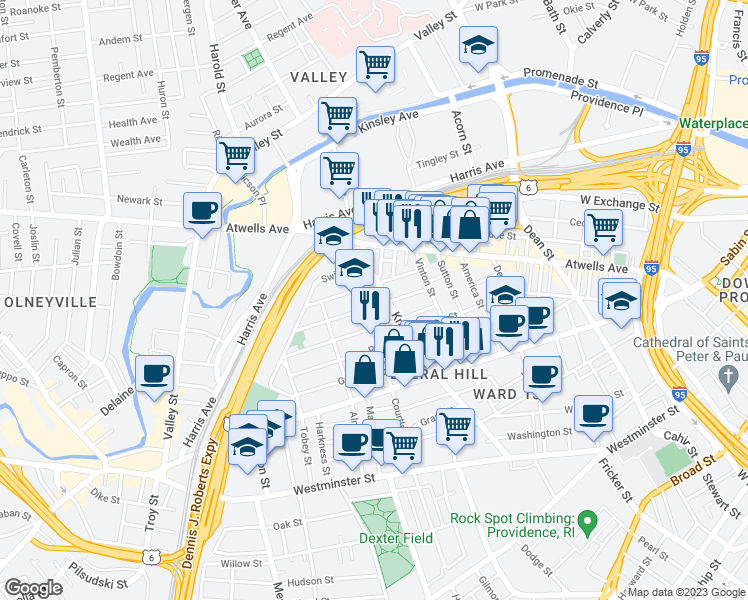 map of restaurants, bars, coffee shops, grocery stores, and more near 57 Penn Street in Providence