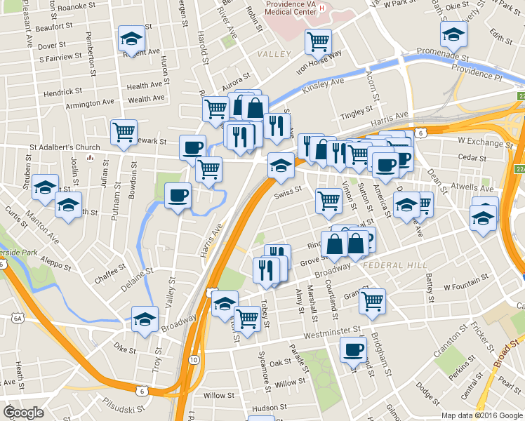 map of restaurants, bars, coffee shops, grocery stores, and more near 125 Tell Street in Providence