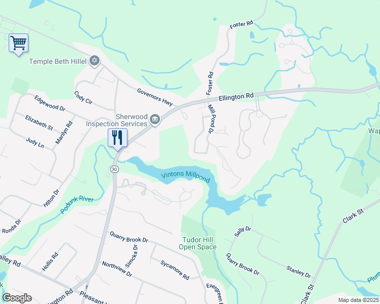 map of restaurants, bars, coffee shops, grocery stores, and more near 2801 Mill Pond Drive in South Windsor