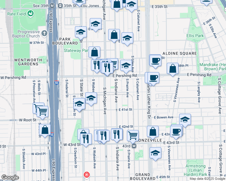 map of restaurants, bars, coffee shops, grocery stores, and more near 4019 South Michigan Avenue in Chicago